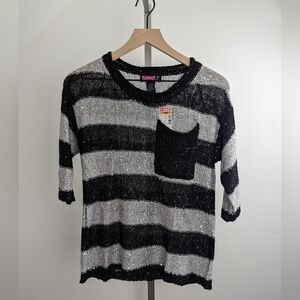 Deb Sequin Shirt Women's Small 1/2 Sleeve Striped Loose Knit Top Sparkly Black